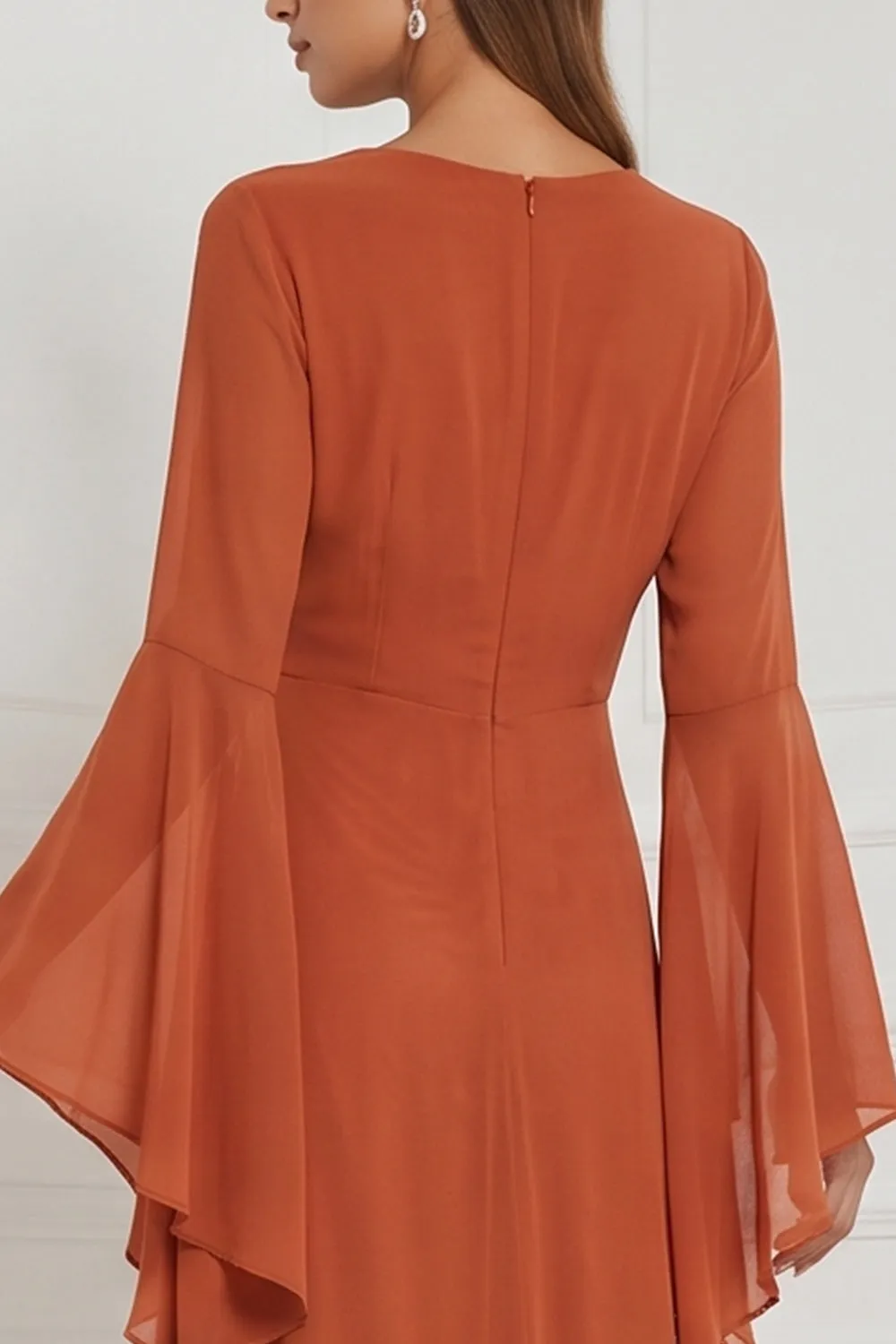 Chiffon A Line Burnt Orange V-Neck Long Sleeve Bridesmaid Dress with Slit sold by Wedtrend product image thumbnail 4