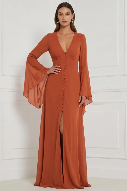 Chiffon A Line Burnt Orange V-Neck Long Sleeve Bridesmaid Dress with Slit made by Wedtrend