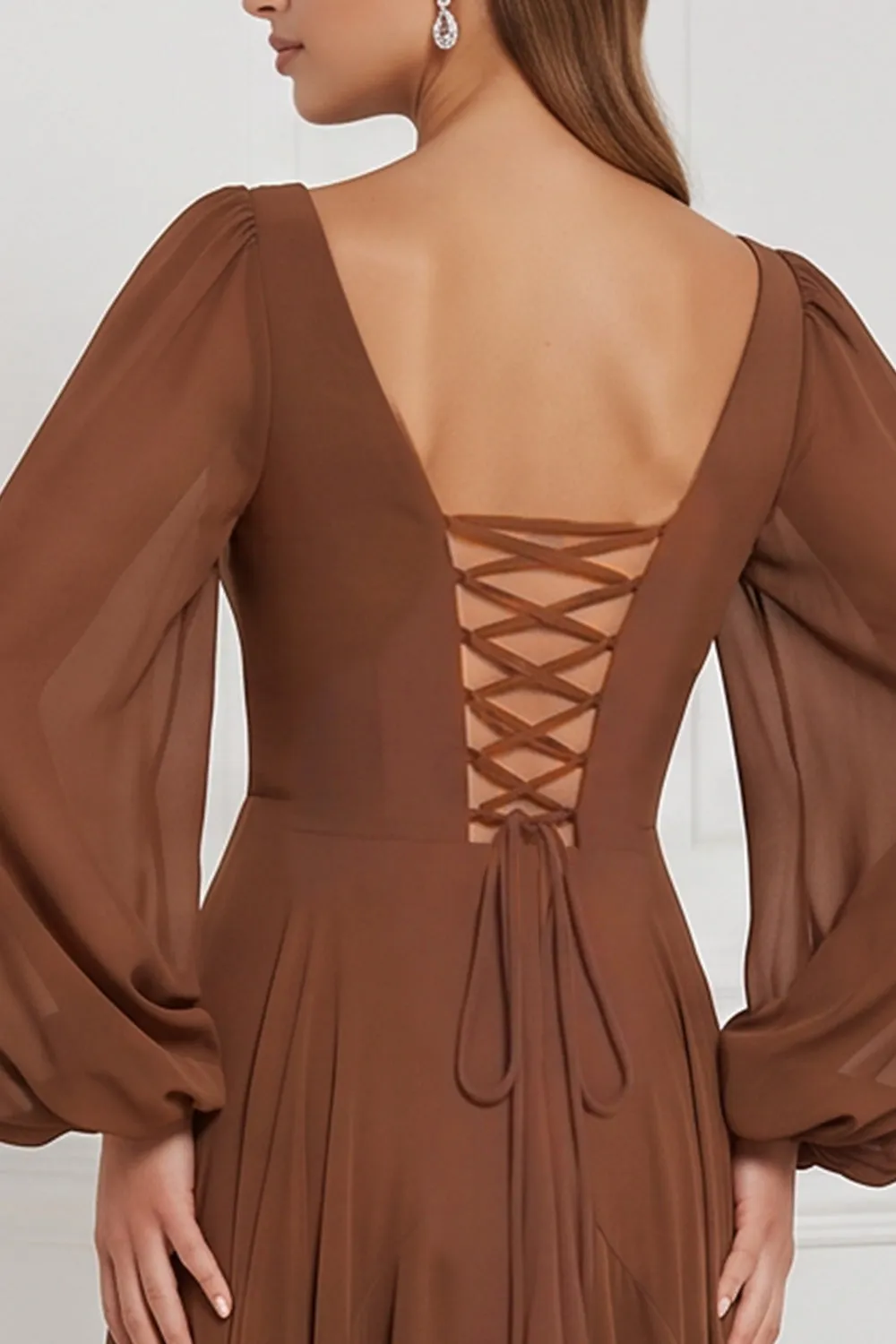 Espresso Chiffon Ruffled Long Sleeve Bridesmaid Dress with Lace-up Back sold by Wedtrend product image thumbnail 4