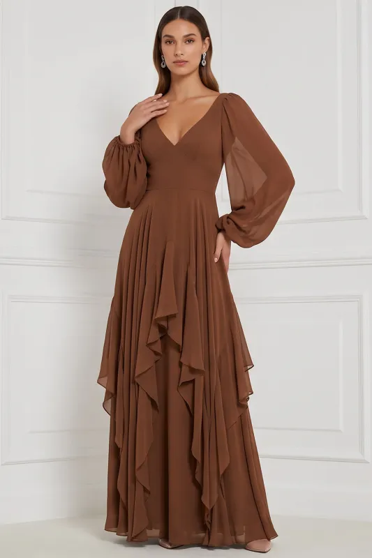 Espresso Chiffon Ruffled Long Sleeve Bridesmaid Dress with Lace-up Back made by Wedtrend
