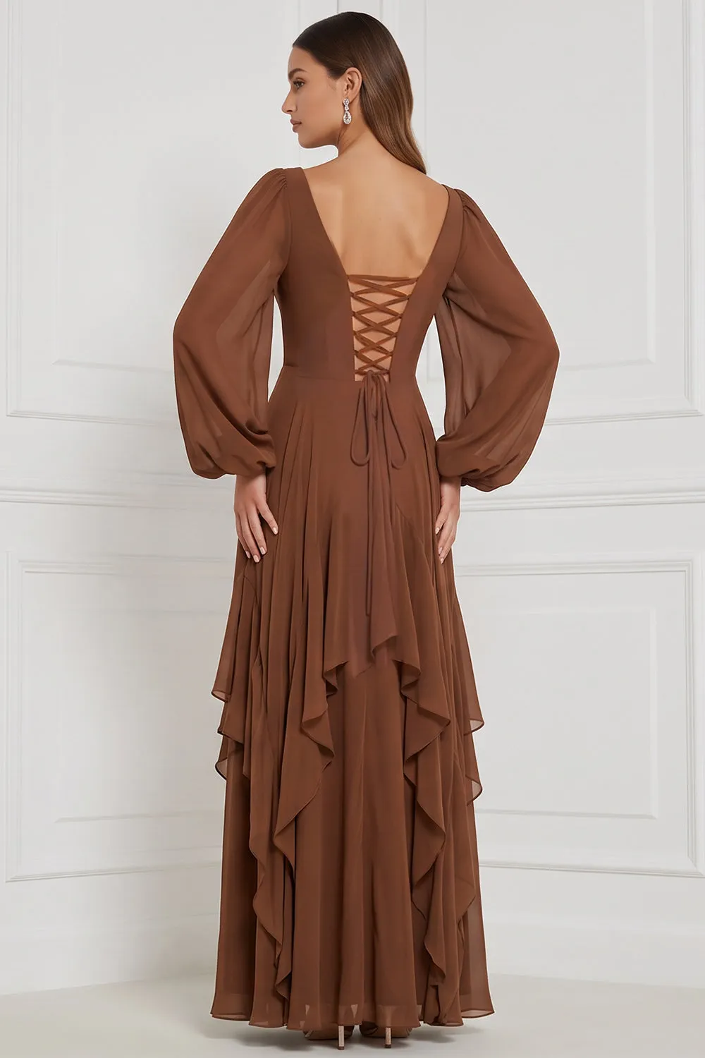 Espresso Chiffon Ruffled Long Sleeve Bridesmaid Dress with Lace-up Back sold by Wedtrend product image thumbnail 2