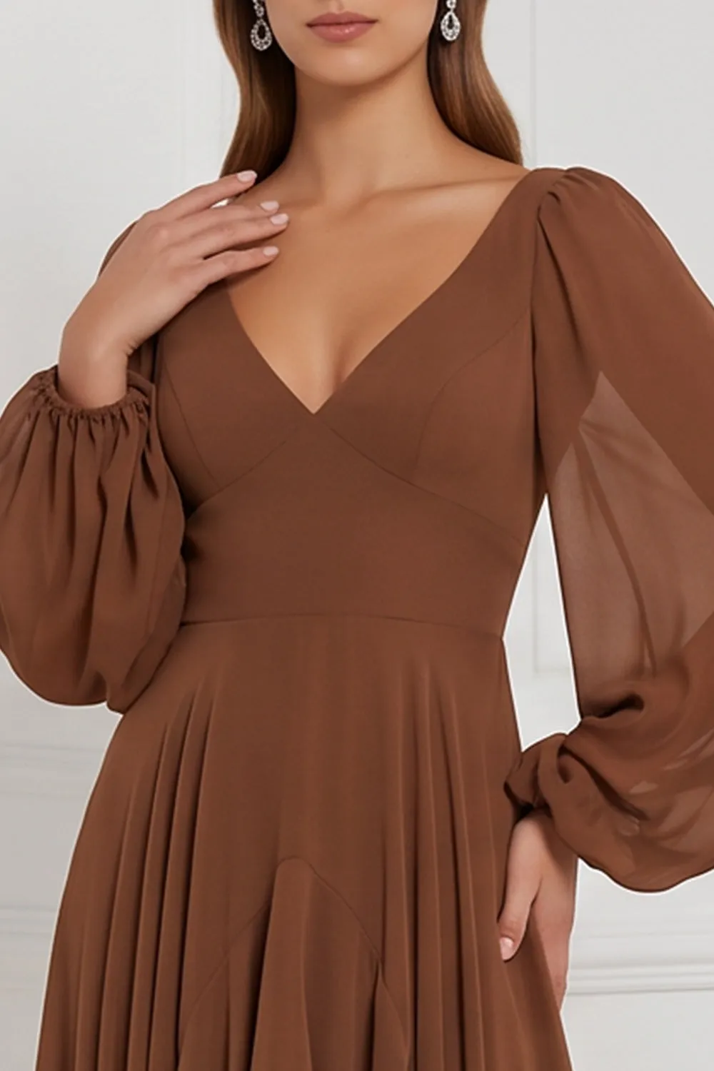 Espresso Chiffon Ruffled Long Sleeve Bridesmaid Dress with Lace-up Back sold by Wedtrend product image thumbnail 3