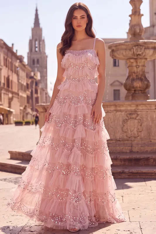 Sparkly Pink Ruffled Tiered Spaghetti Straps A Line Long Prom Dress with Lace-up Back made by Wedtrend