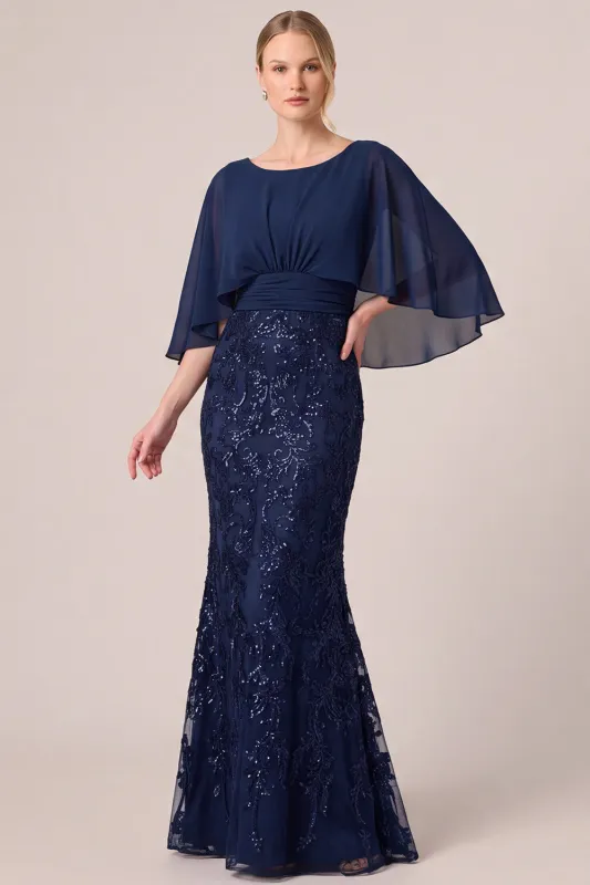 Navy Sequin Mermaid Long Mother of the Bride Dress with Cape made by Wedtrend