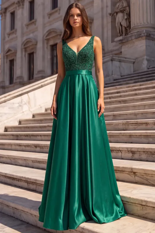 Dark Green V-Neck Satin A Line Long Prom Dress made by Wedtrend