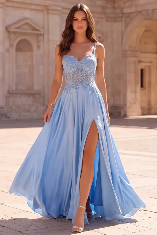 Light Blue A Line Appliqued Spaghetti Straps Satin Long Prom Dress with Slit made by Wedtrend
