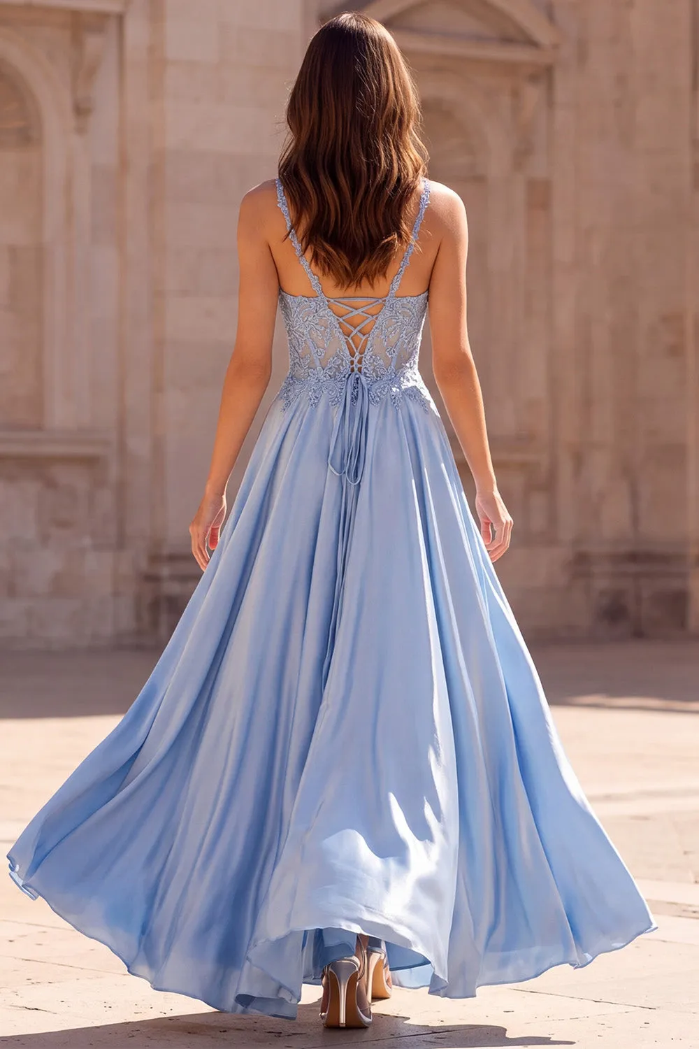 Light Blue A Line Appliqued Spaghetti Straps Satin Long Prom Dress with Slit sold by Wedtrend product image thumbnail 2