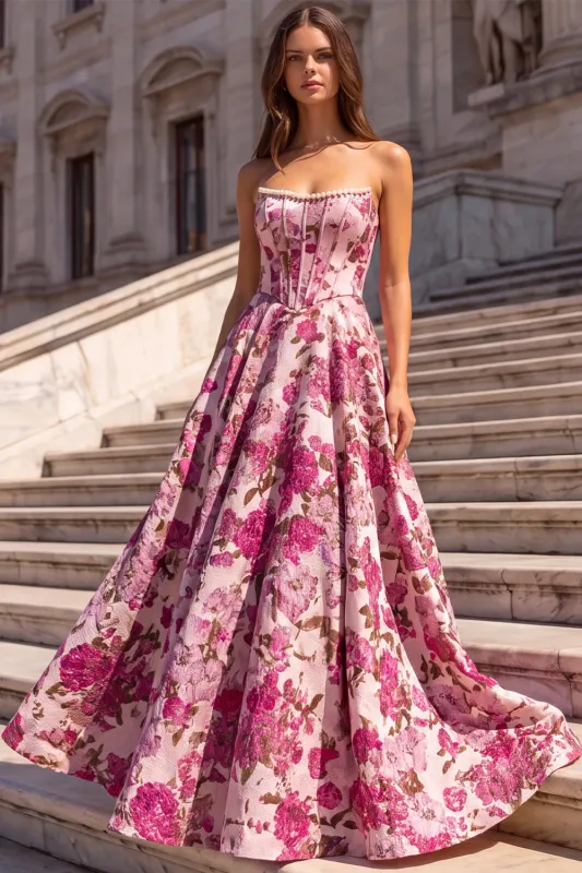Floral Fuchsia Strapless Pearl Corset A Line Long Prom Dress with Lace-up Back made by Wedtrend
