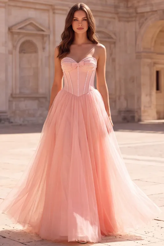 Pink A Line Tulle Corset Sweetheart Prom Dress with Beading made by Wedtrend