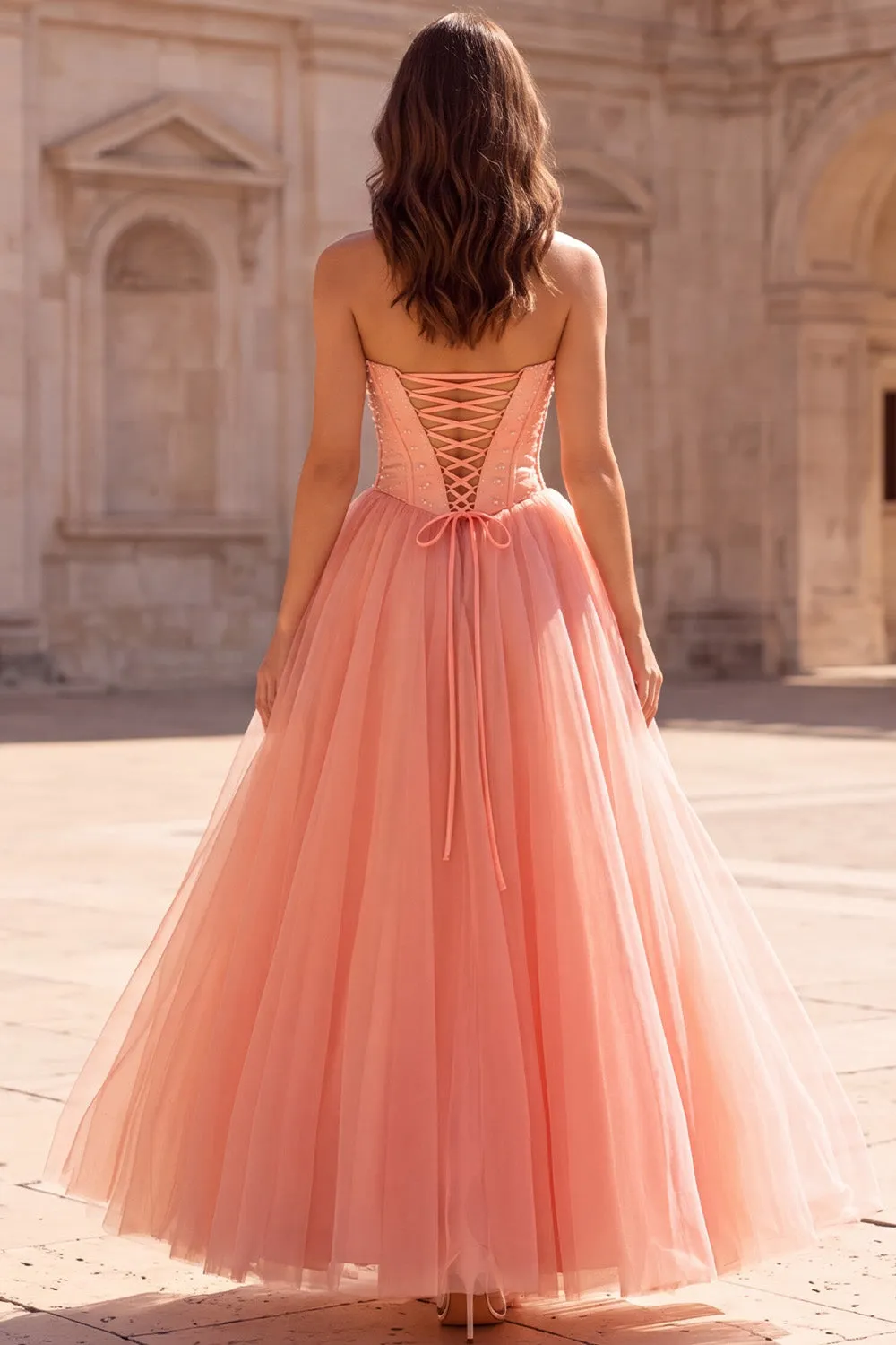 Corset Sweetheart Coral Beaded Tulle A Line Prom Dress with Slit sold by Wedtrend product image thumbnail 2