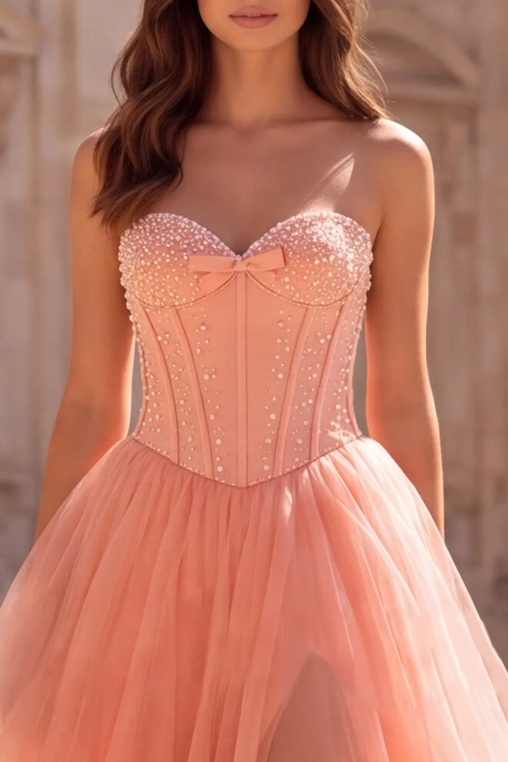 Corset Sweetheart Coral Beaded Tulle A Line Prom Dress with Slit sold by Wedtrend product image thumbnail 3