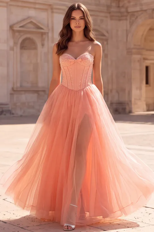 Corset Sweetheart Coral Beaded Tulle A Line Prom Dress with Slit made by Wedtrend