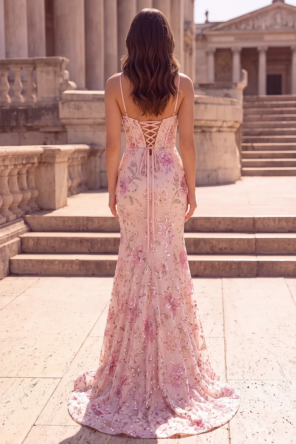 Floral Sequin Pink Corset Mermaid Prom Dress with Slit sold by Wedtrend product image thumbnail 2