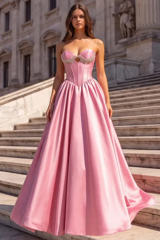 Pink Corset Satin Strapless A Line Long Prom Dress with Rhinestones made by Wedtrend