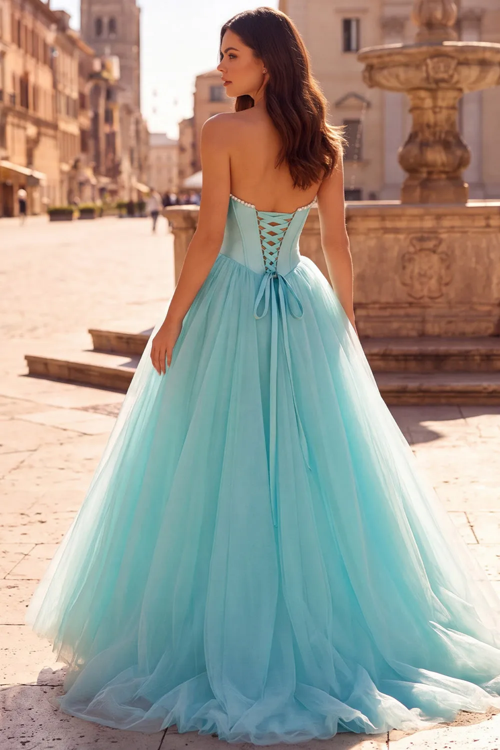 Strapless Corset Mint Tulle A Line Long Prom Dress with Pearls sold by Wedtrend product image thumbnail 2