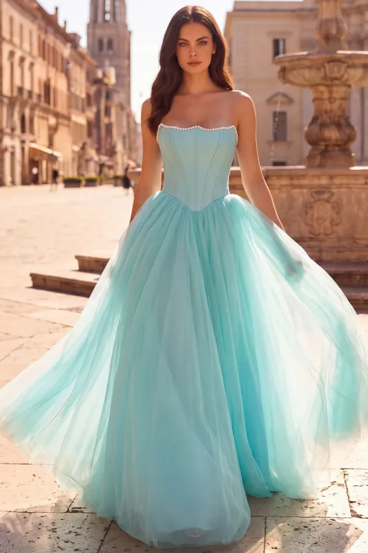 Strapless Corset Mint Tulle A Line Long Prom Dress with Pearls made by Wedtrend