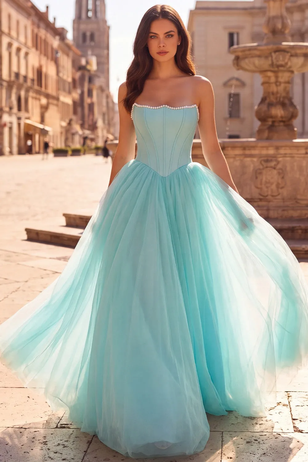 Strapless Corset Mint Tulle A Line Long Prom Dress with Pearls sold by Wedtrend