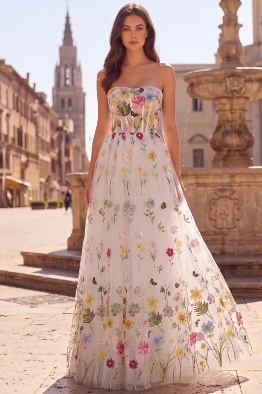 White Corset Strapless Floral Appliqued A Line Long Prom Dress with Lace-up Back made by Wedtrend