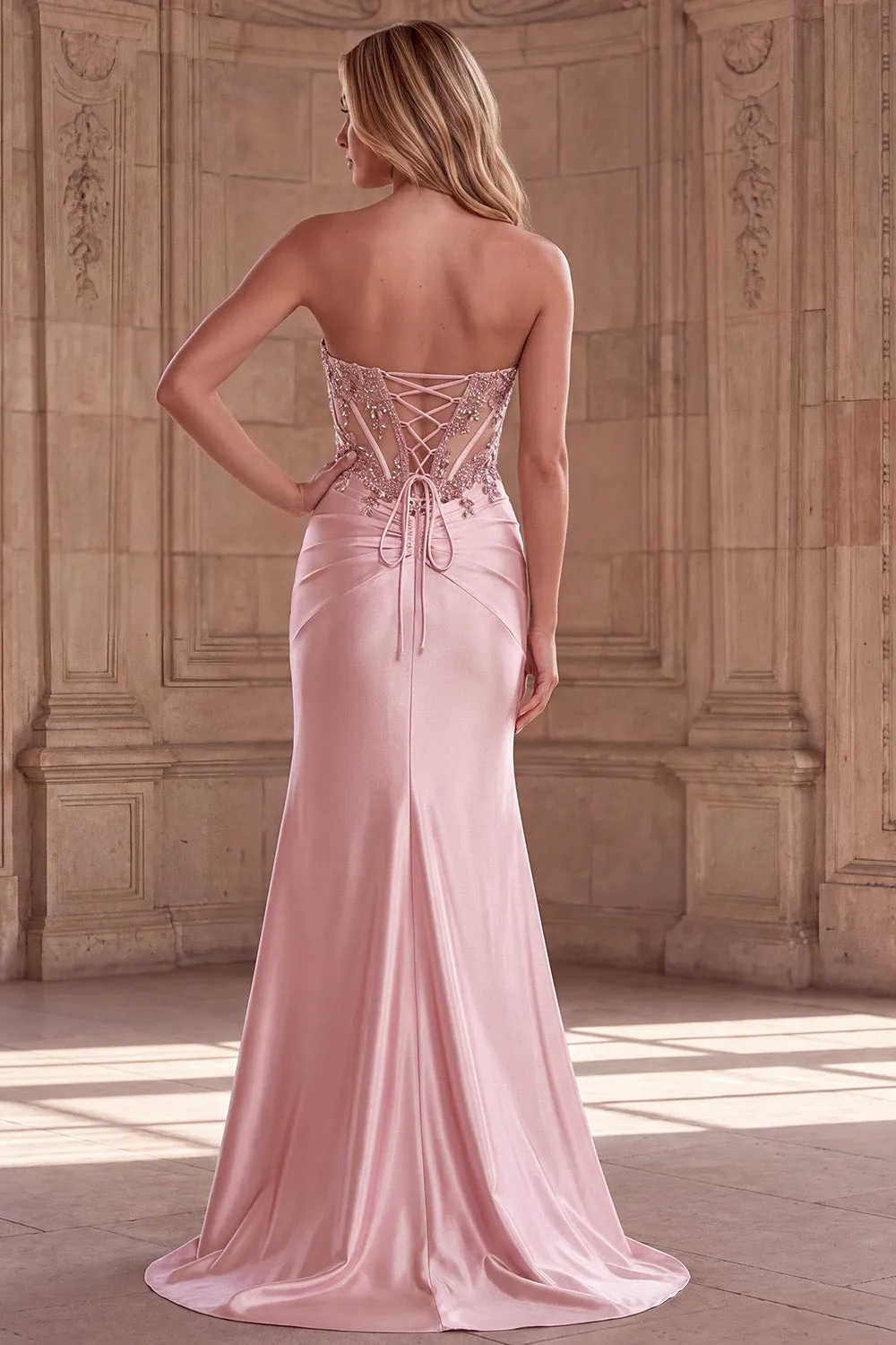 Strapless Pink Corset Beaded Sequin Satin Mermaid Long Prom Dress with Slit sold by Wedtrend product image thumbnail 2