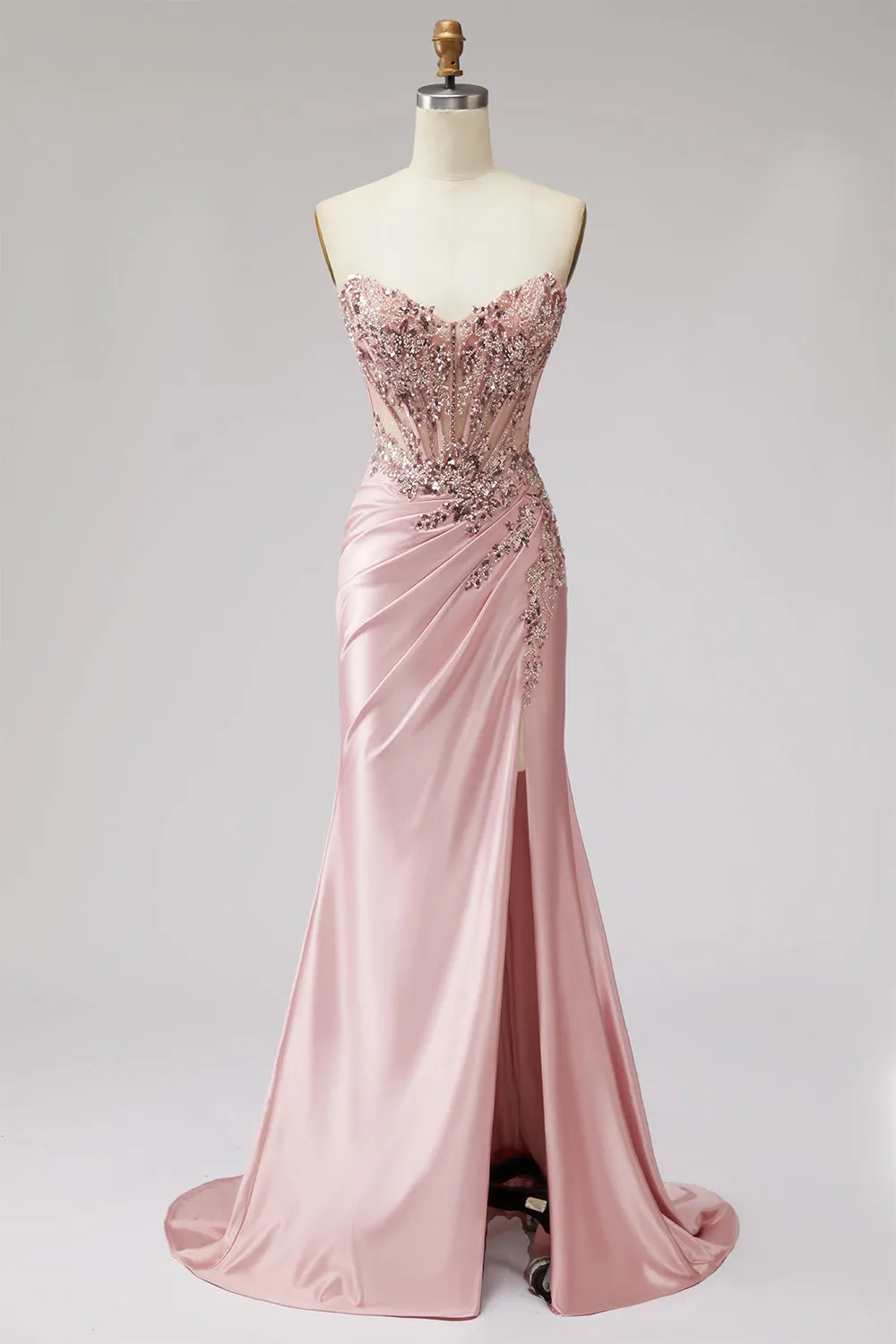 Strapless Pink Corset Beaded Sequin Satin Mermaid Long Prom Dress with Slit sold by Wedtrend product image thumbnail 5