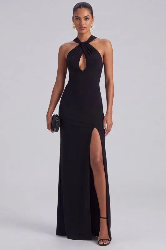 Black Halter Keyhole Backless Sheath Long Formal Dress with Slit made by Wedtrend