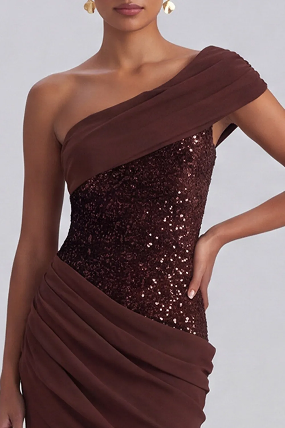 One Shoulder Espresso Ruched Sequin Mermaid Long Formal Dress sold by Wedtrend product image thumbnail 3