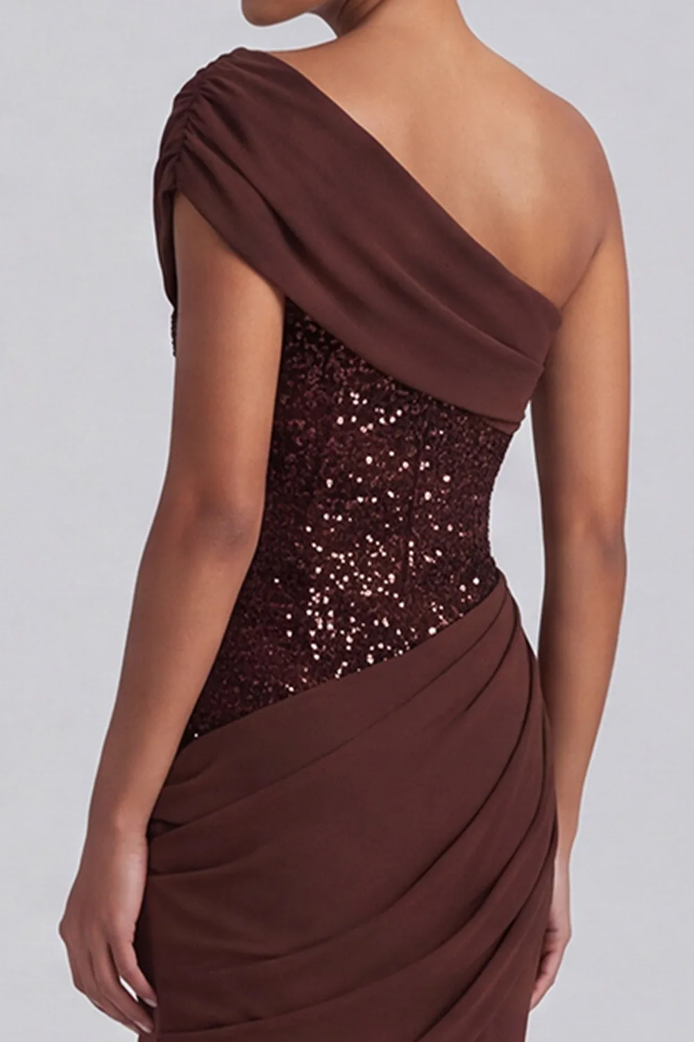 One Shoulder Espresso Ruched Sequin Mermaid Long Formal Dress sold by Wedtrend product image thumbnail 4