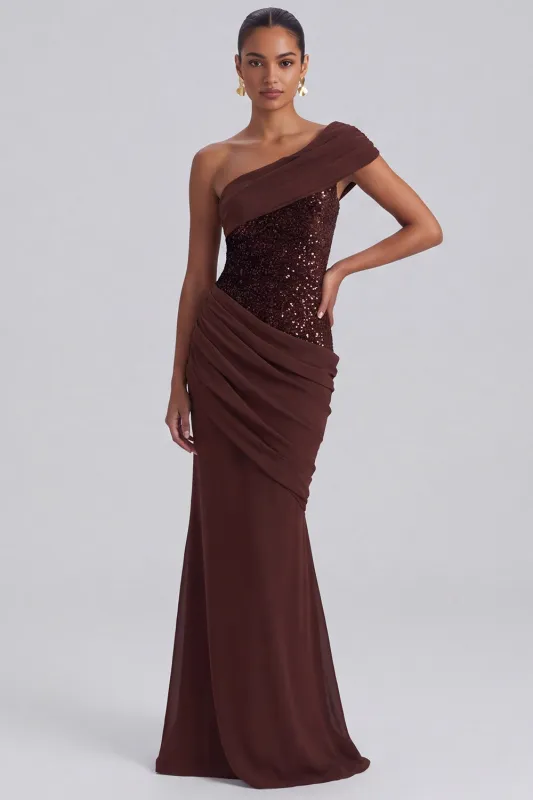One Shoulder Espresso Ruched Sequin Mermaid Long Formal Dress made by Wedtrend