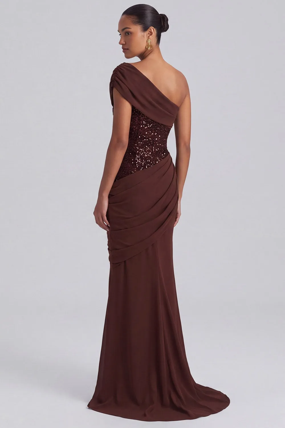 One Shoulder Espresso Ruched Sequin Mermaid Long Formal Dress sold by Wedtrend product image thumbnail 2