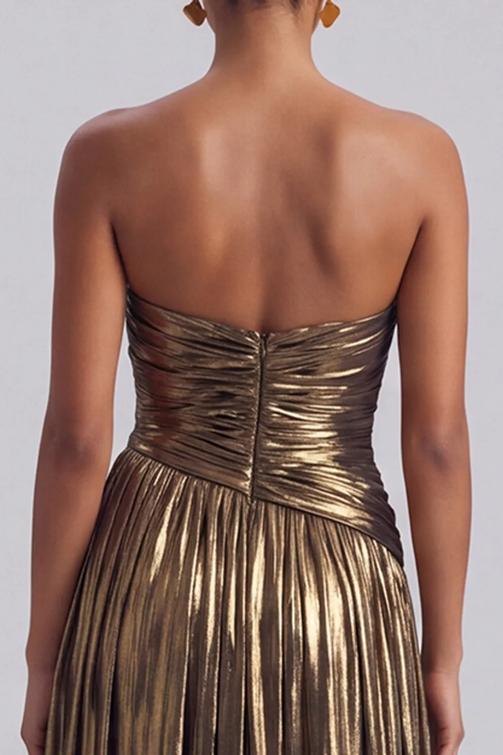 Metallic Gold Strapless Ruched A Line Long Formal Dress with Slit sold by Wedtrend product image thumbnail 4