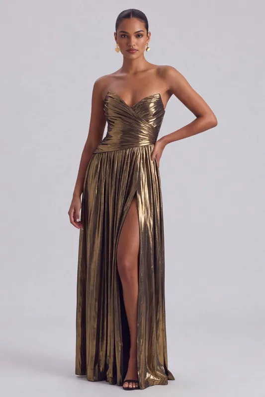 Metallic Gold Strapless Ruched A Line Long Formal Dress with Slit made by Wedtrend