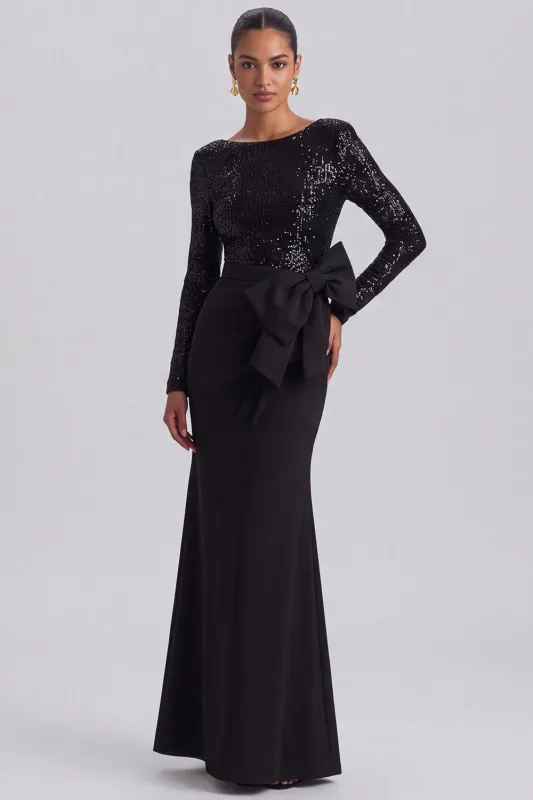 Long Sleeve Black Mermaid Sequin Formal Dress with Bow made by Wedtrend