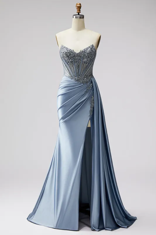 Strapless Blue Corset Satin Ruched Rhinestone Mermaid Prom Dress with Slit made by Wedtrend