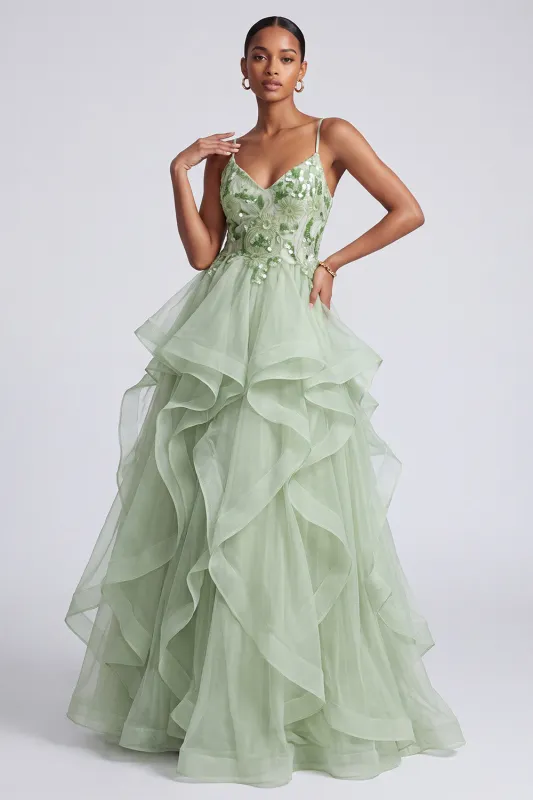 Light Green Ruffle A Line Sequin Long Prom Dress with Lace-up Back made by Wedtrend