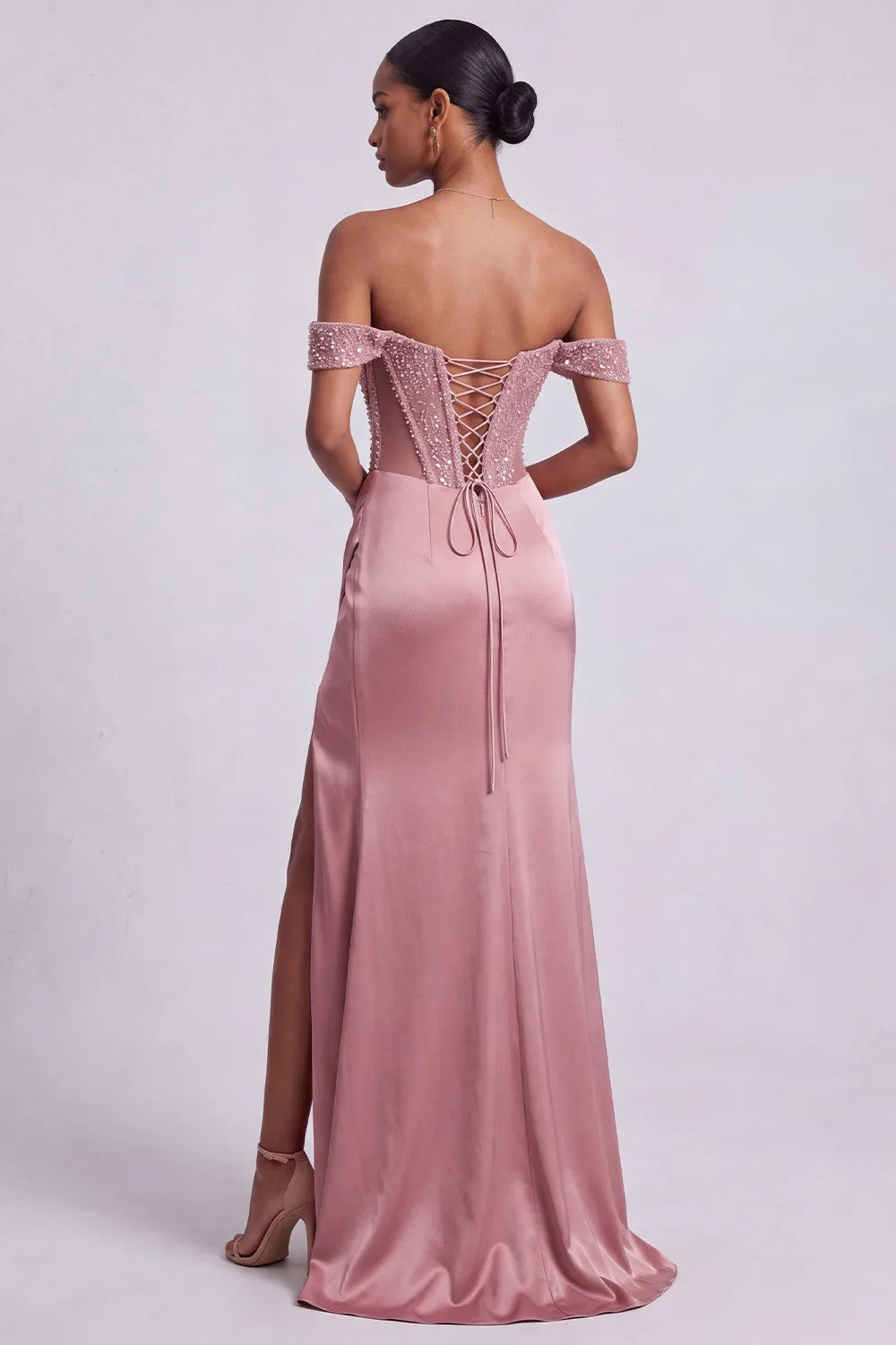 Off the Shoulder Dusty Rose Beaded Corset Satin Mermaid Prom Dress with Slit sold by Wedtrend product image thumbnail 2