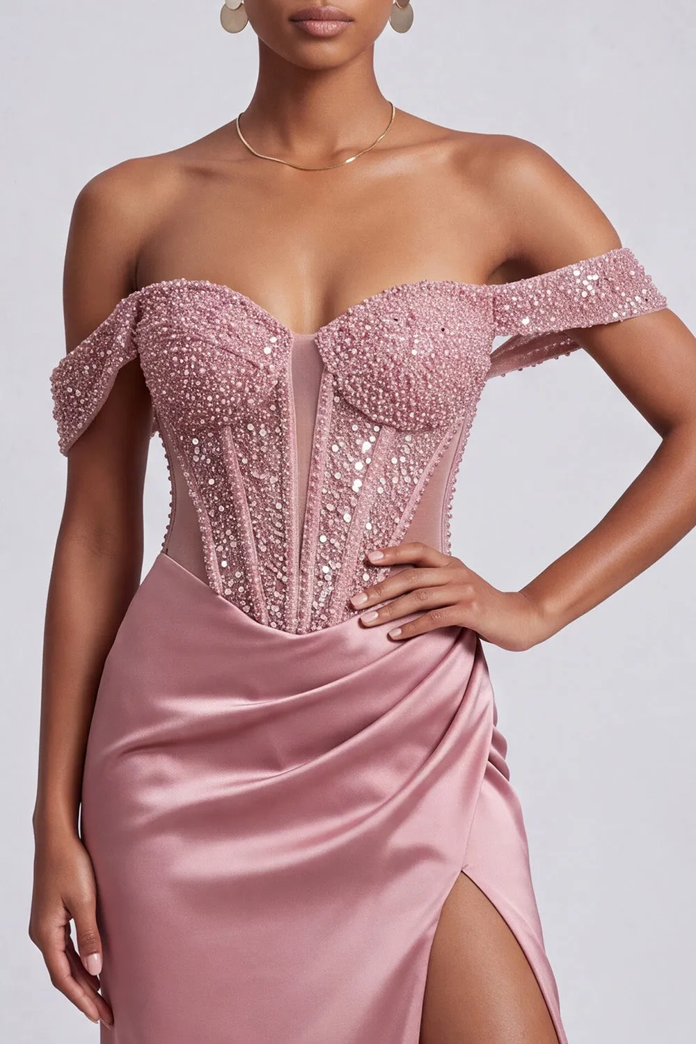 Off the Shoulder Dusty Rose Beaded Corset Satin Mermaid Prom Dress with Slit sold by Wedtrend product image thumbnail 3