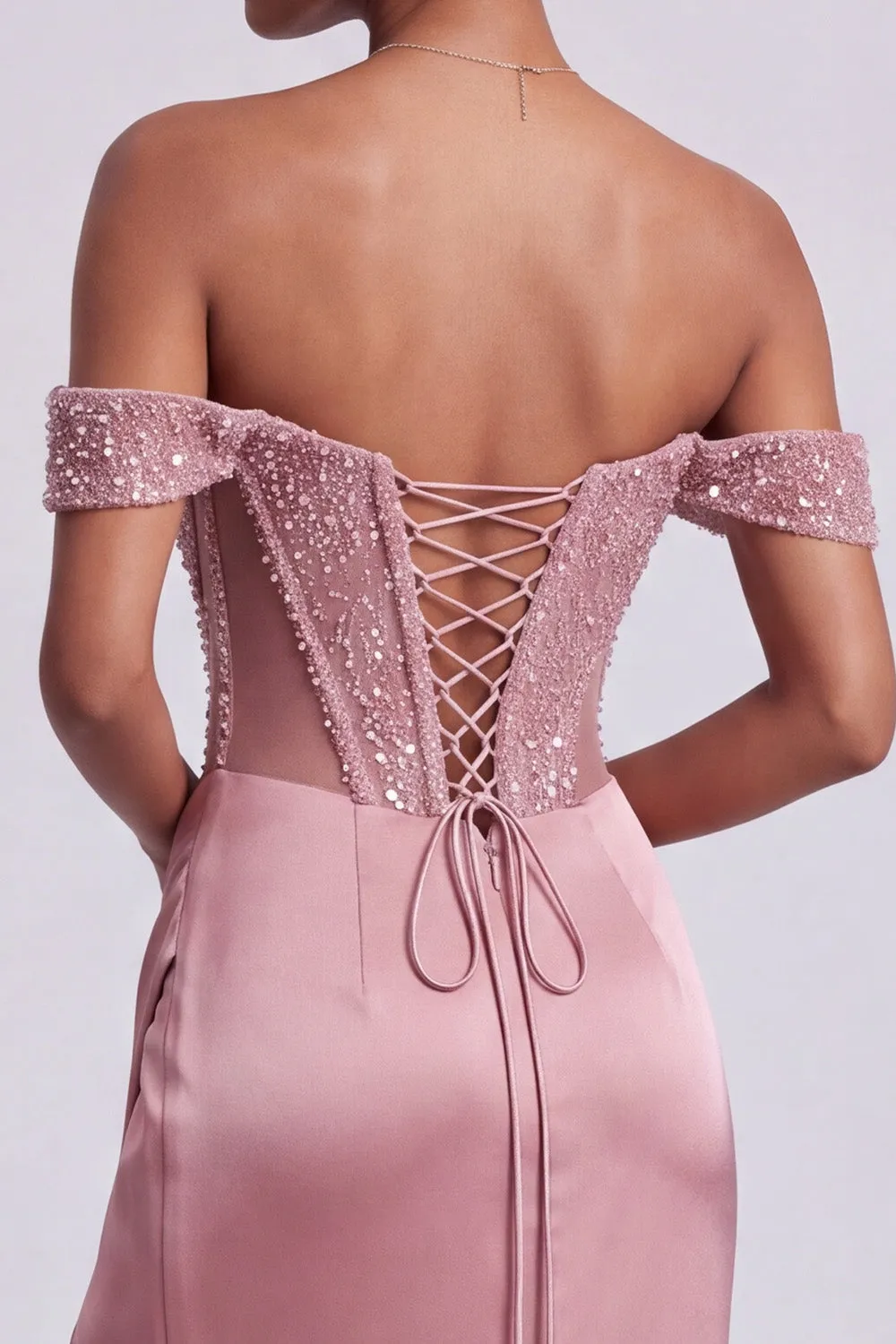 Off the Shoulder Dusty Rose Beaded Corset Satin Mermaid Prom Dress with Slit sold by Wedtrend product image thumbnail 4