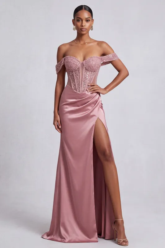 Off the Shoulder Dusty Rose Beaded Corset Satin Mermaid Prom Dress with Slit made by Wedtrend