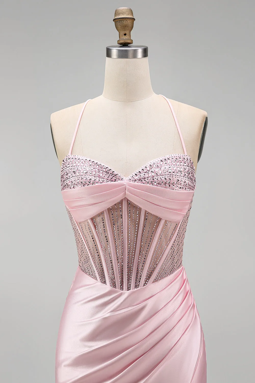 Pink Beaded Corset Ruched Satin Mermaid Long Prom Dress with Slit sold by Wedtrend product image thumbnail 4