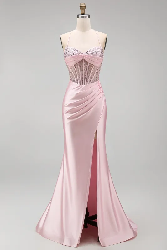 Pink Beaded Corset Ruched Satin Mermaid Long Prom Dress with Slit made by Wedtrend