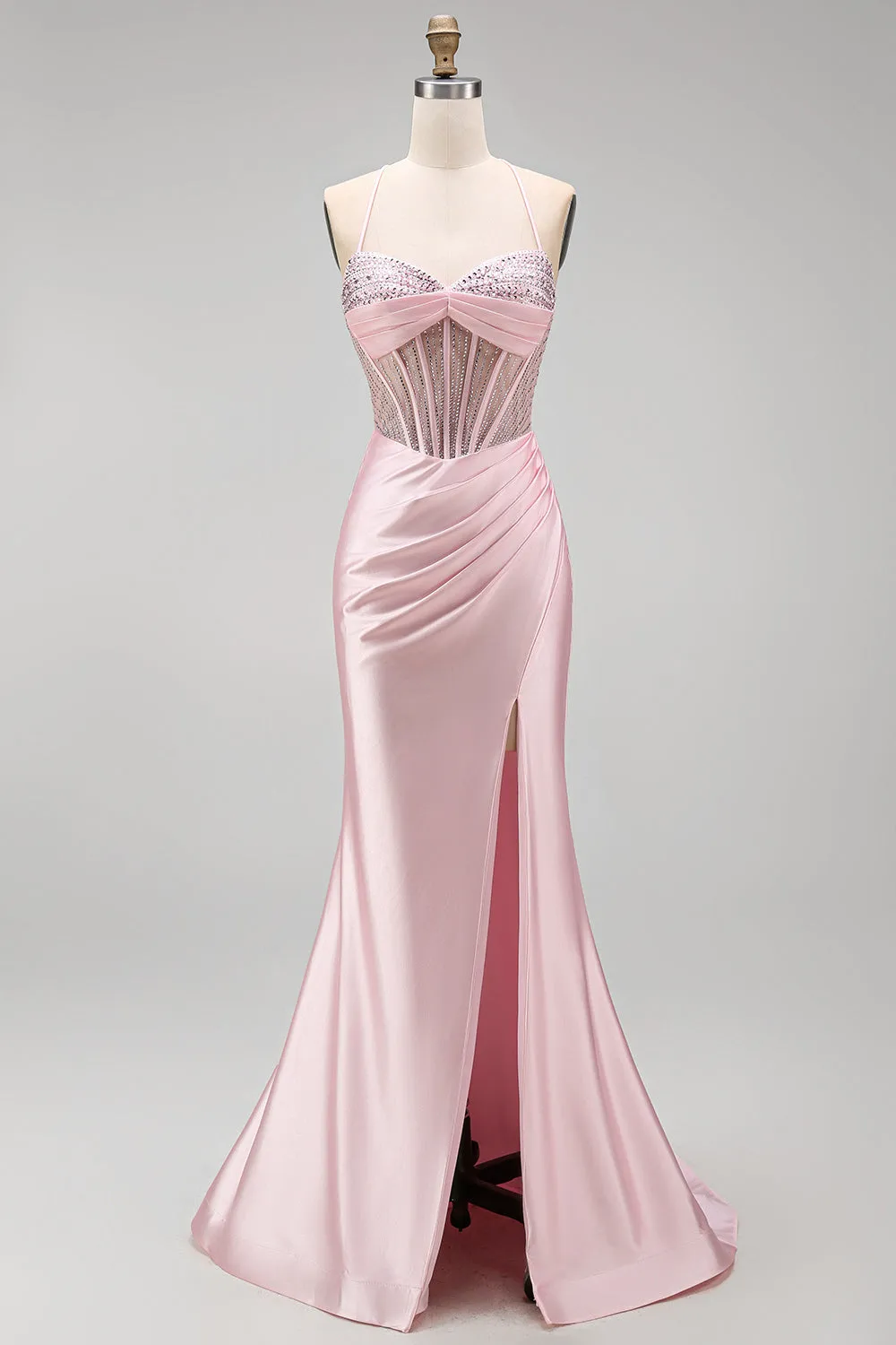 Pink Beaded Corset Ruched Satin Mermaid Long Prom Dress with Slit sold by Wedtrend