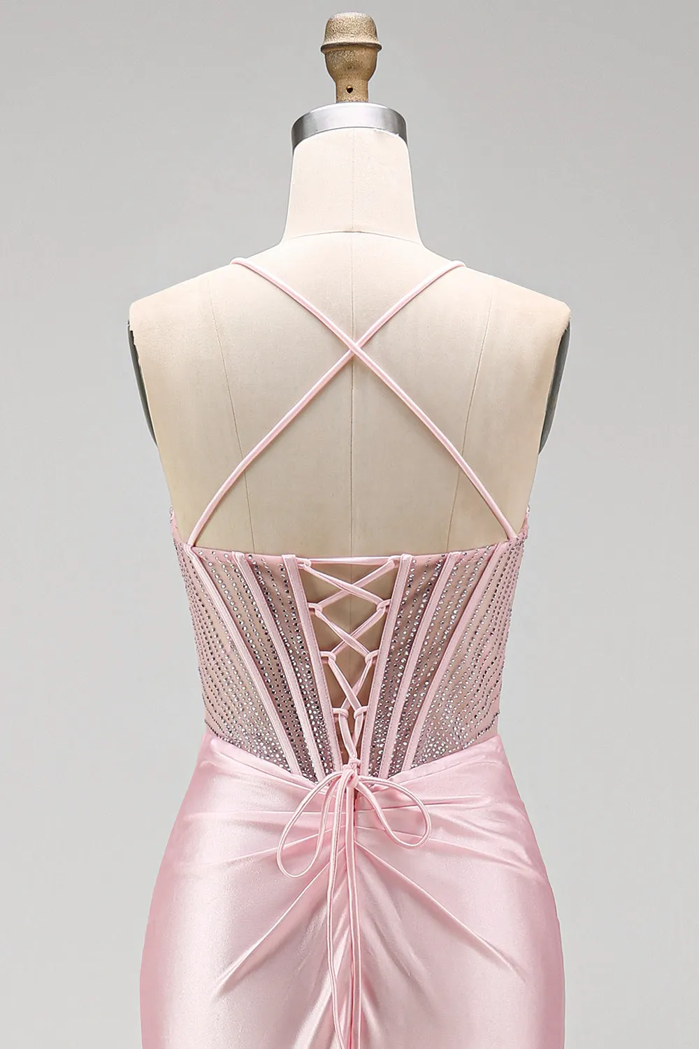 Pink Beaded Corset Ruched Satin Mermaid Long Prom Dress with Slit sold by Wedtrend product image thumbnail 5