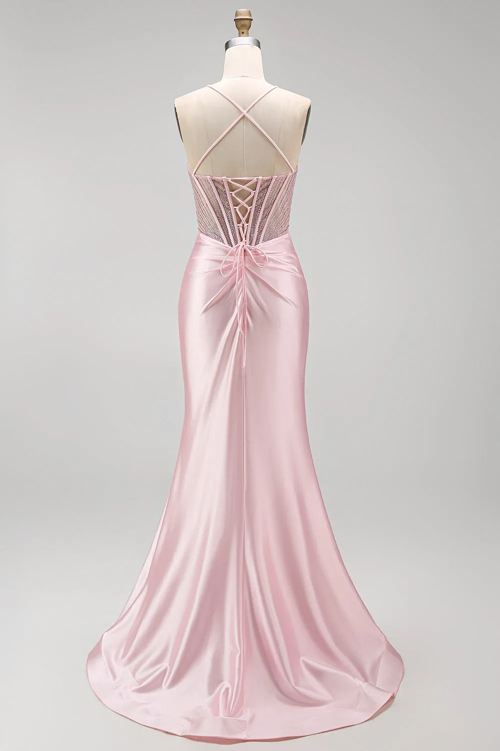 Pink Beaded Corset Ruched Satin Mermaid Long Prom Dress with Slit sold by Wedtrend product image thumbnail 2