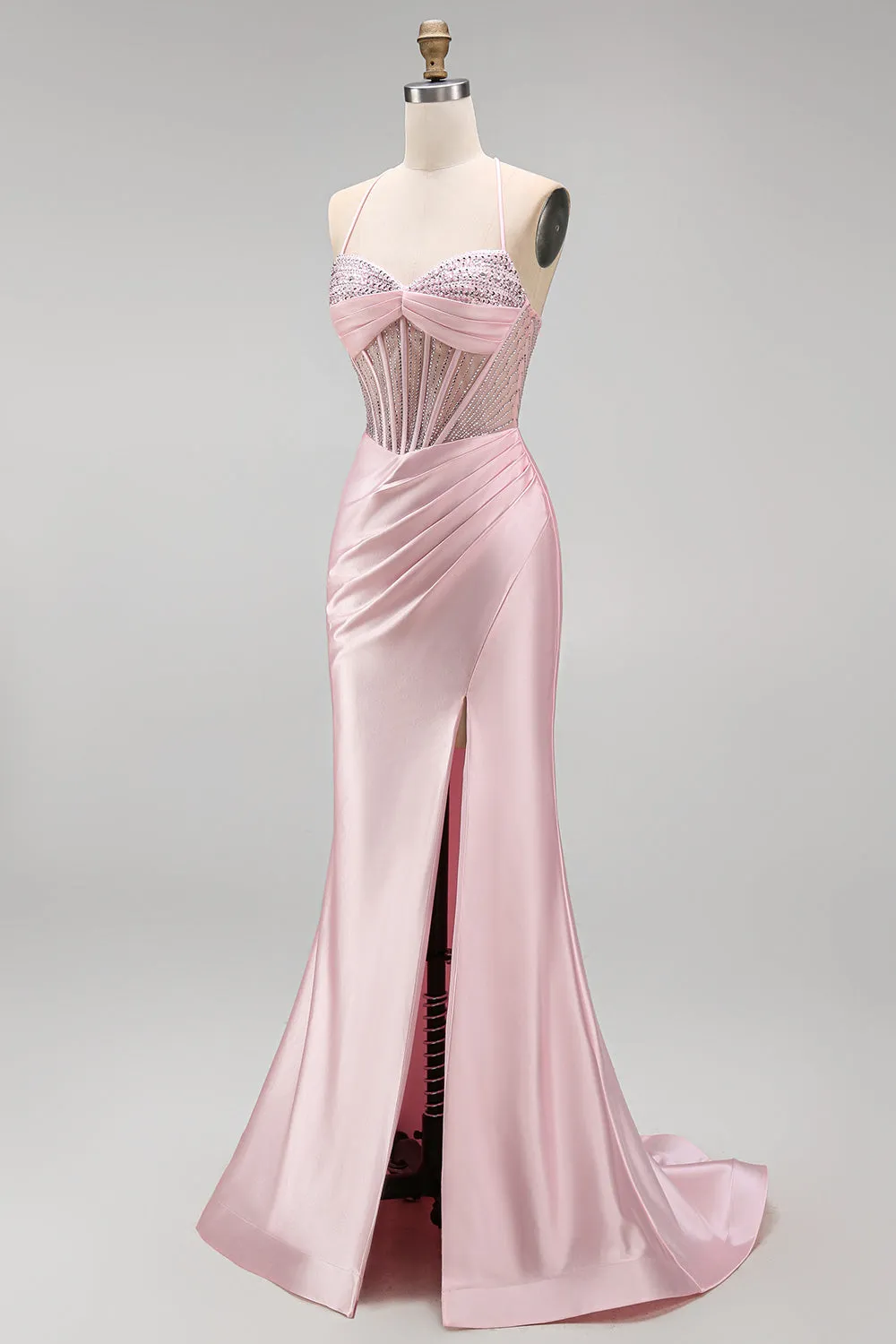 Pink Beaded Corset Ruched Satin Mermaid Long Prom Dress with Slit sold by Wedtrend product image thumbnail 3