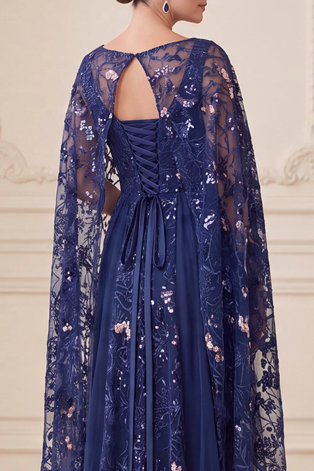 Elegant Navy A Line Sequin Mother of the Bride Dress with Cape sold by Wedtrend product image thumbnail 4