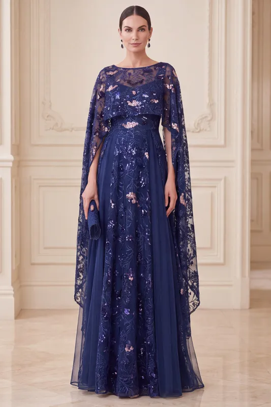 Elegant Navy A Line Sequin Mother of the Bride Dress with Cape made by Wedtrend