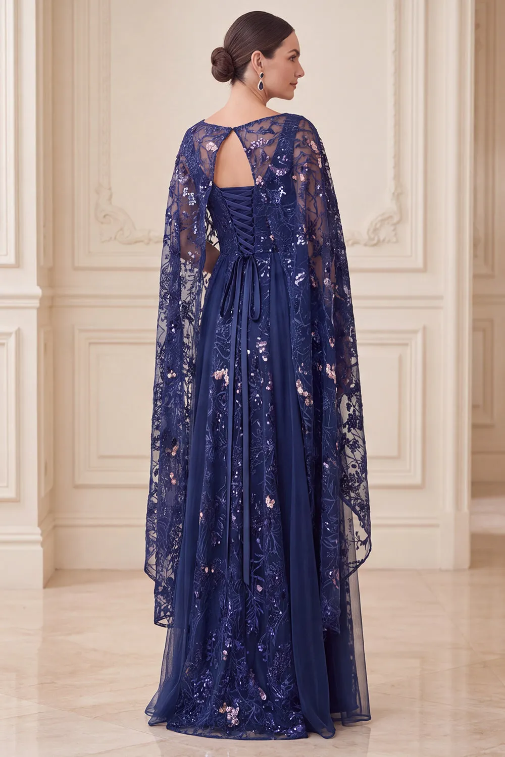 Elegant Navy A Line Sequin Mother of the Bride Dress with Cape sold by Wedtrend product image thumbnail 2