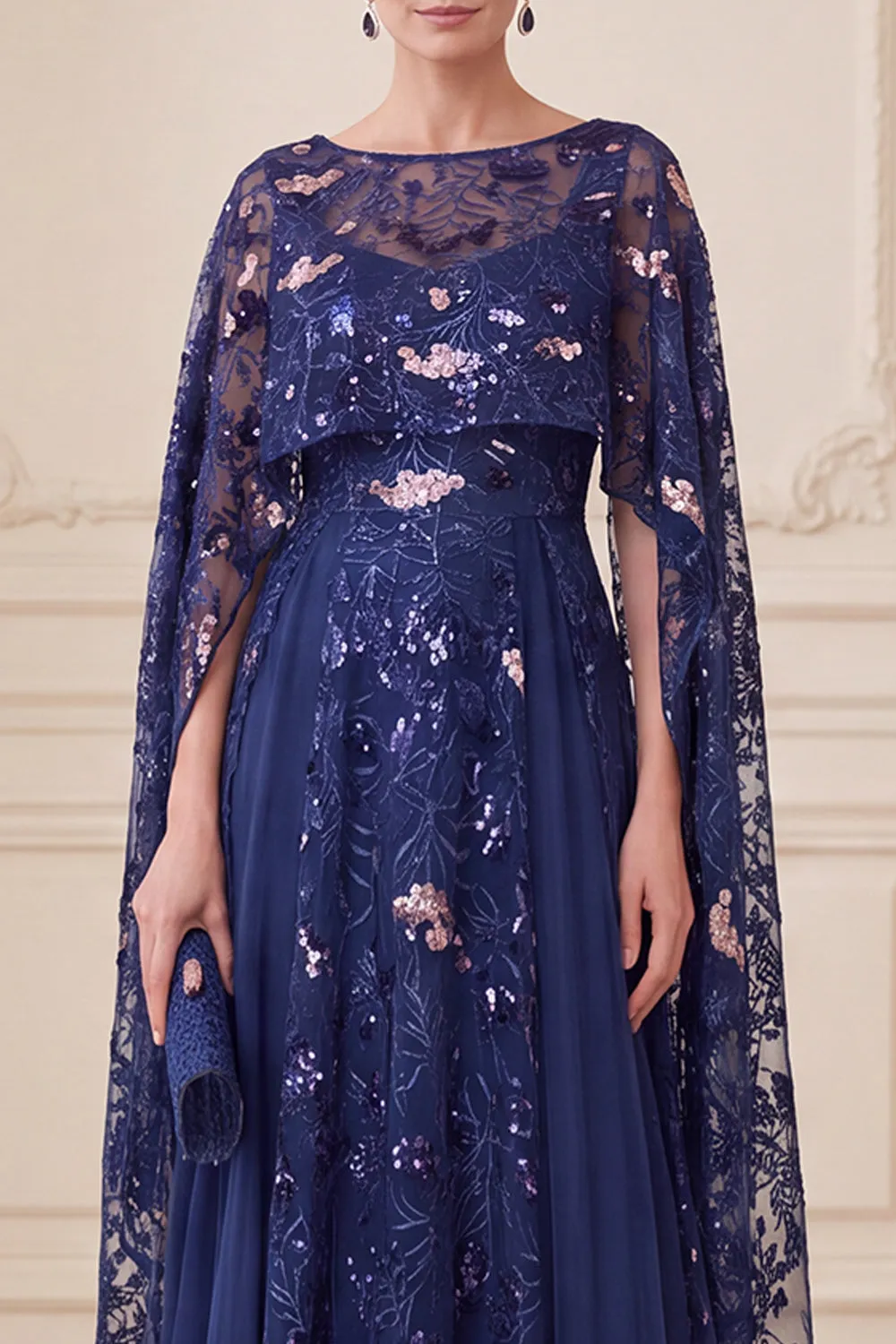 Elegant Navy A Line Sequin Mother of the Bride Dress with Cape sold by Wedtrend product image thumbnail 3
