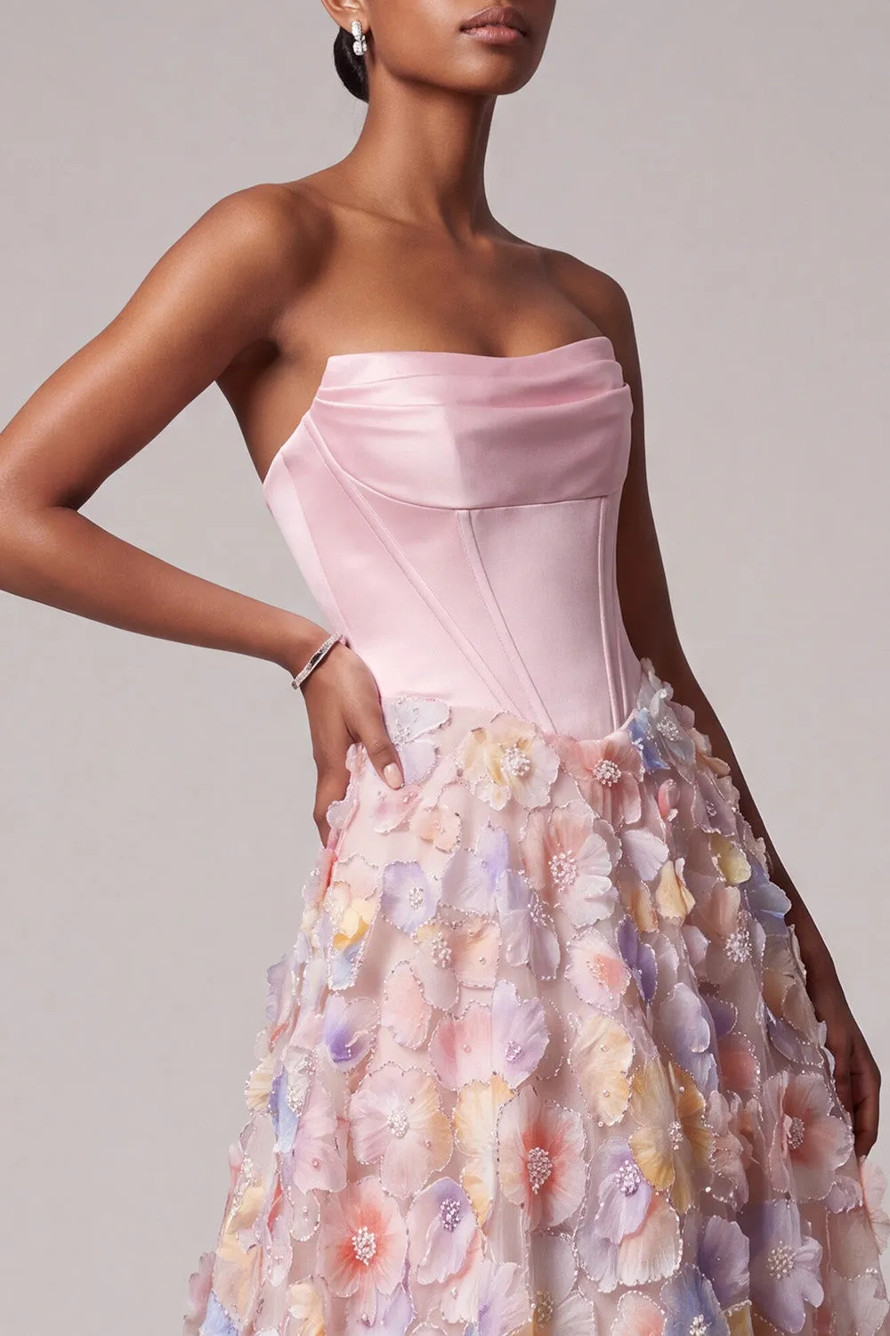 Pink Strapless Corset Beaded Floral A Line Prom Dress sold by Wedtrend product image thumbnail 3