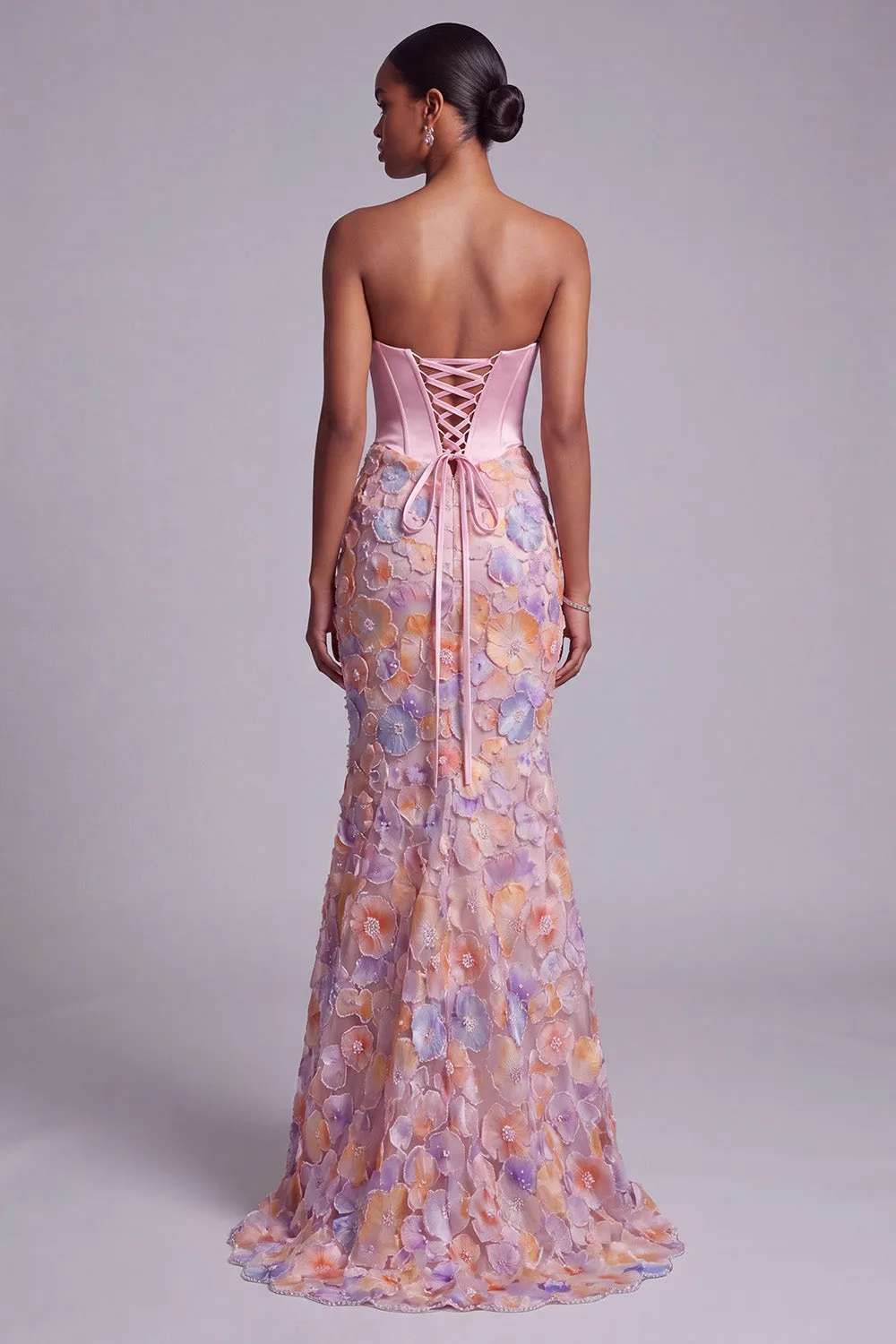Floral Pink Corset Satin Beaded Mermaid Strapless Long Prom Dress sold by Wedtrend product image thumbnail 2